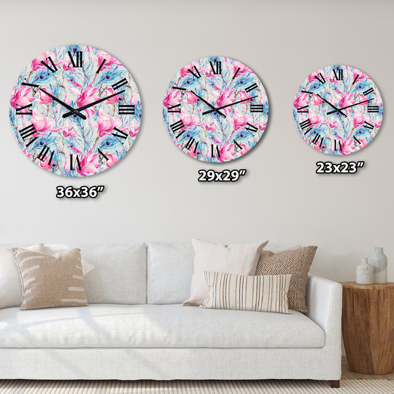 Motif avec magnolia et plumes de paon II - Horloge murale à motif, Moyen