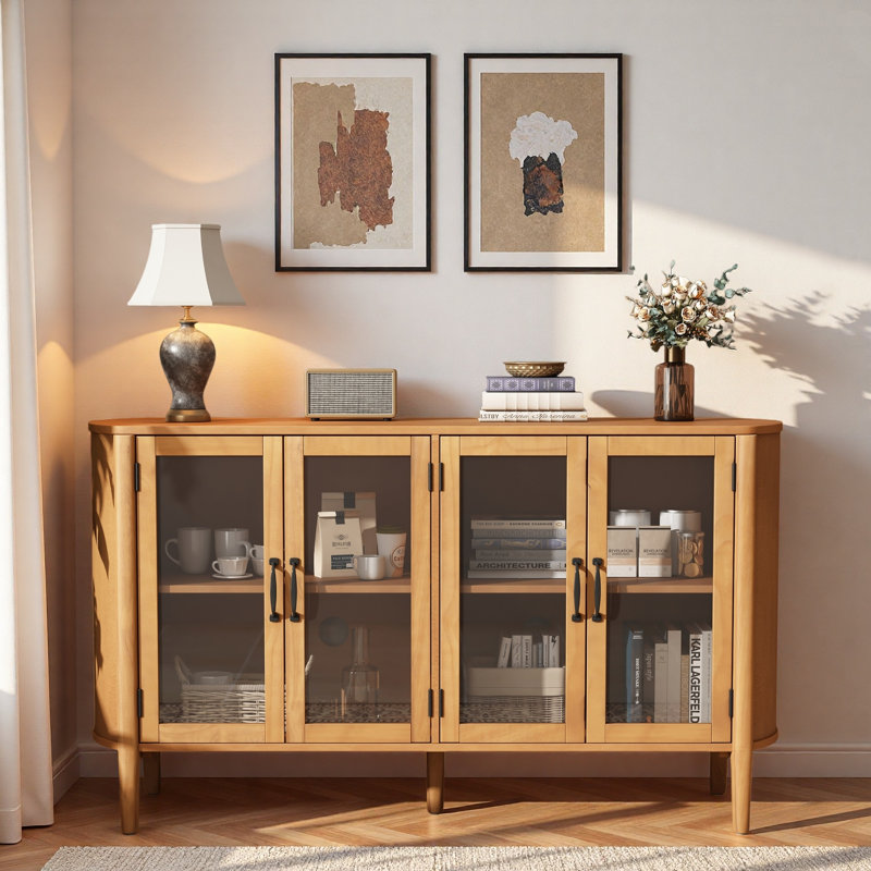 Buffet moderne avec portes en verre et tablettes réglables, Naturel