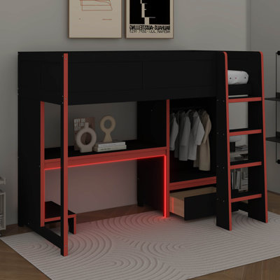 Twin Size Gaming Loft Bed With Built-In Desk, Wardrobe, LED And A Drawer