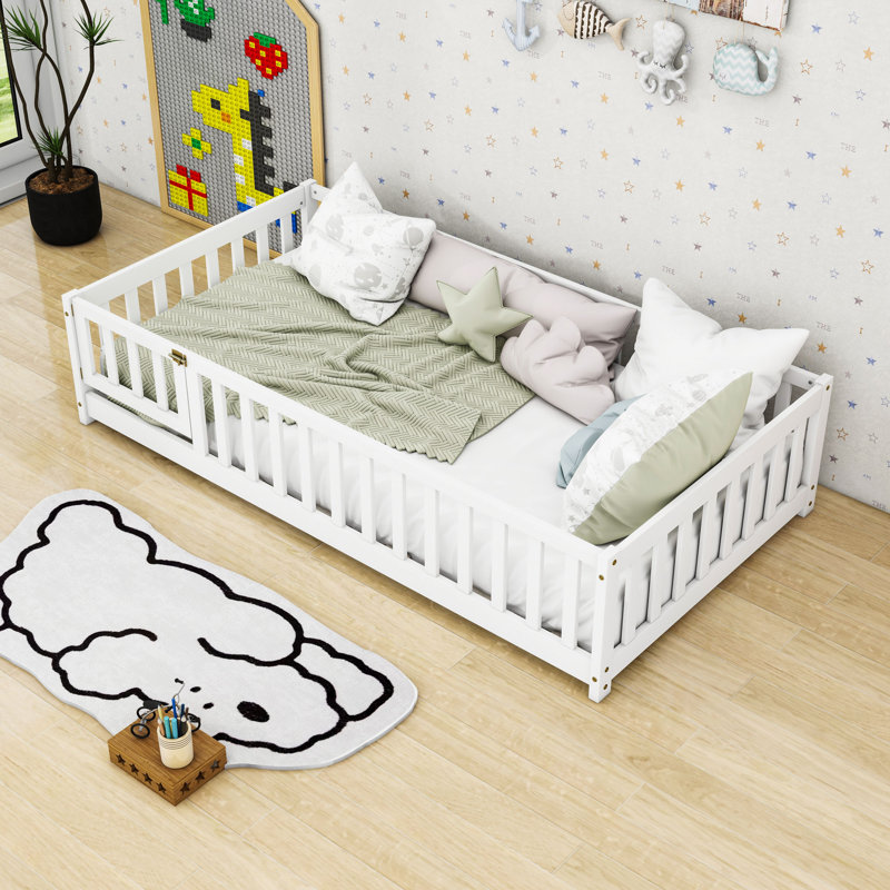 Lit en bois avec garde-corps et lattes, Simple, Blanc