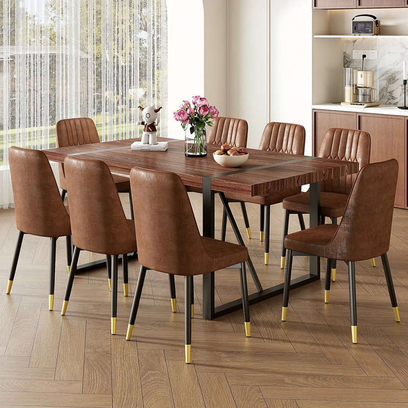 Ensemble de table et de chaises. Table de salle à manger rectangulaire de style industriel de couleur noyer - 71 po x 39,3 po. Grande taille. 8 chaises en daim brun.