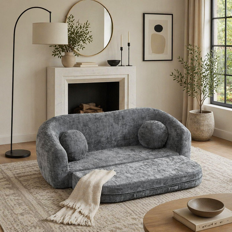 Canapé inclinable convertible de 86 pouces incurvé, canapé-lit pliant sans cadre 2 en 1 avec base coulissante et assise profonde, canapé inclinable en chenille à deux places, aucun assemblage requis gris