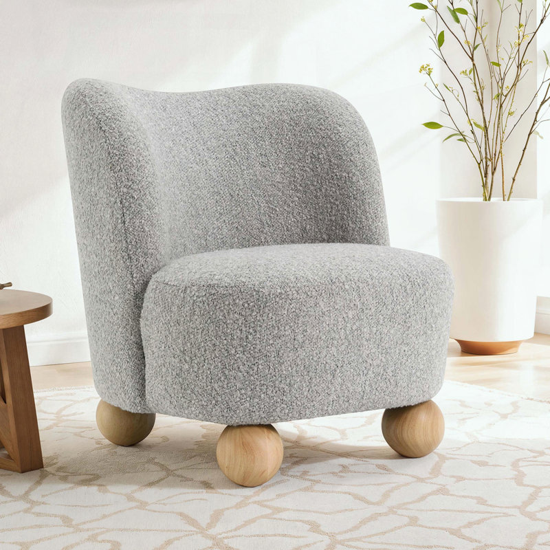 Fauteuil d'appoint Boucle, pieds sphériques et dossier arrondi, Gris, Naturel