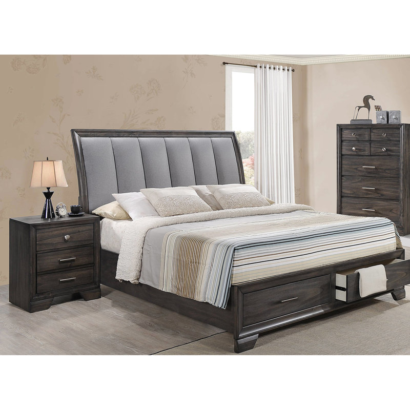 Table de chevet 3 en bois massif de couleur gris foncé, chambre à coucher contemporaine améliorant avec 3 tiroirs en métal, meubles et système de glissement en douceur