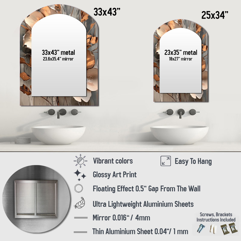 Metallic Copper And Chrome Abstract Flowers I - Flowers Unique Shape Decorative Mirror, Modern Freeform Large Wall Mirror, Printed Metal Art