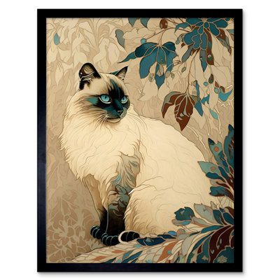 Blue Point Ragdoll Cat and Plant Pattern Nouveau Modern 1 Piece Single Picture Frame Wall Art