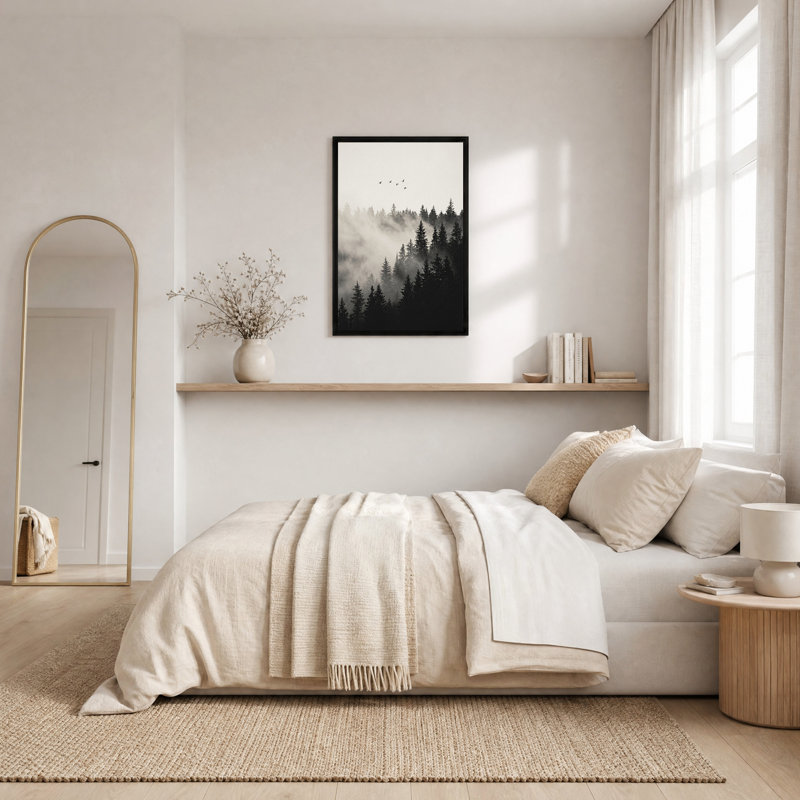 Forêt monochrome avec oiseaux - Décoration murale moderne sur toile, 30"H x 20"W