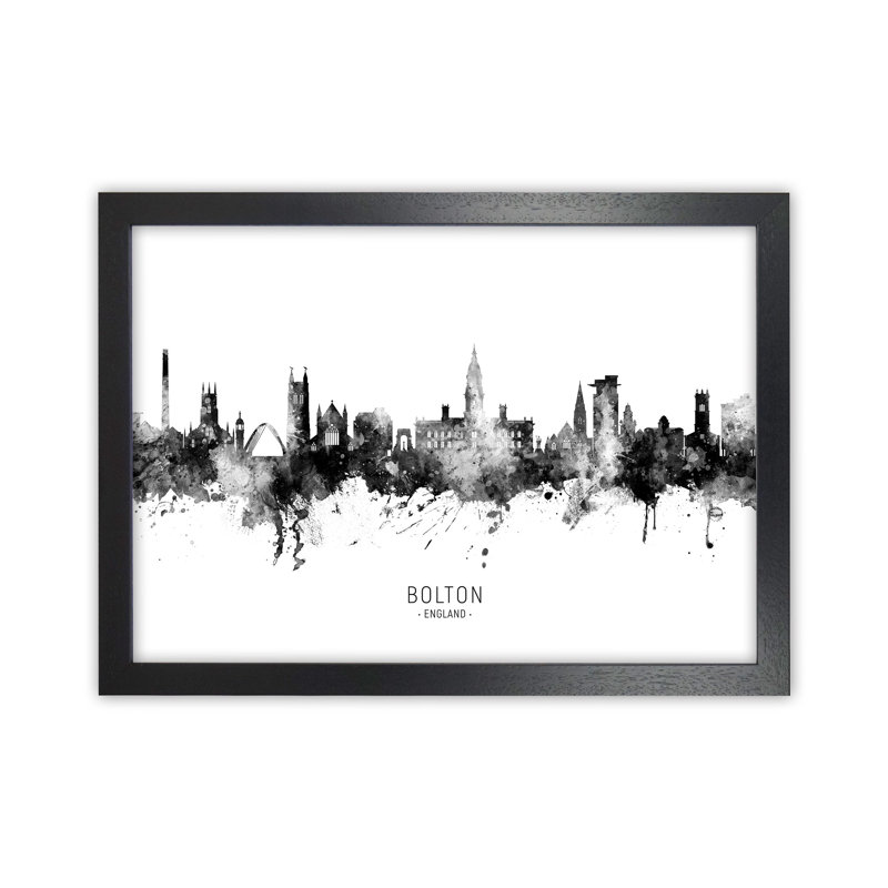 Bolton England Skyline Black White City Name by Michael Tompsett - Print, 34cm H x 46cm W x 3cm D, Black Framed