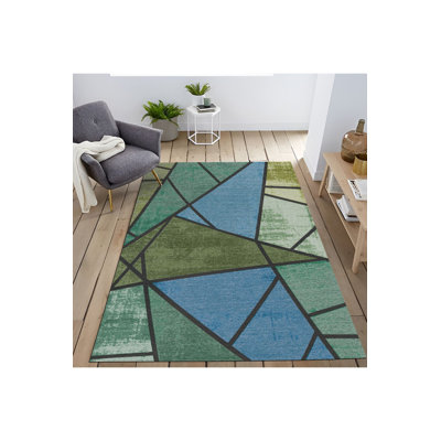 Blue Tone Geometric Triangle Pattern Modern Machine Washable Decorative Rug