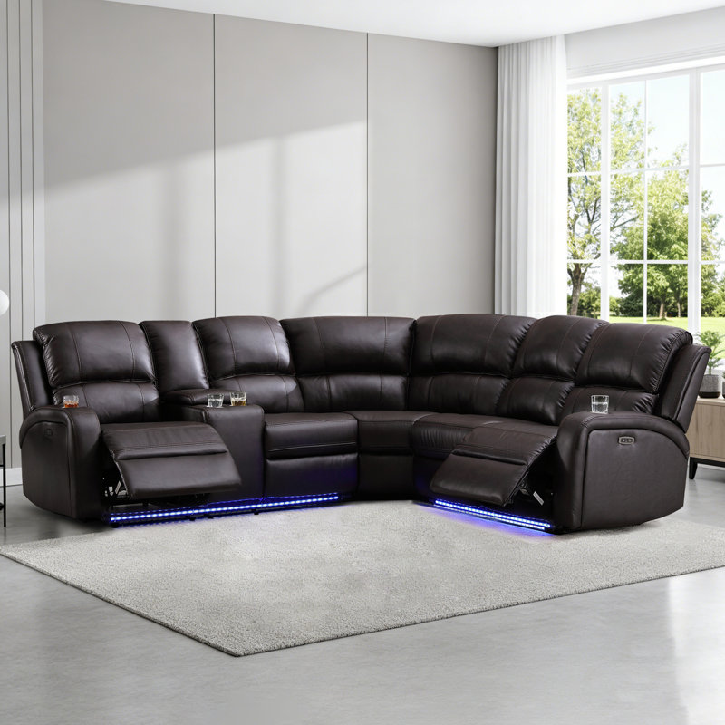 Vardie 3-Piece Breathable Leather Power Reclining Sectional, Home Theater Couch with Storage, Cup Holder & LED