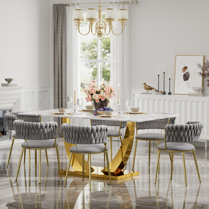 Rectangular Pedestal Dining Set with Modern Weaven Velvet Dininig Chair, Table, 6 Chairs, Gray