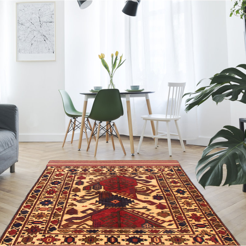 Tapis décoratif en laine noué à la main de conception unique 4 pi x 6 pi 1 po « New Age » en laine rouge foncé/beige