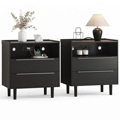 Modern Industrial Nightstand with Charging Station, 2 Drawers and Open Shelf