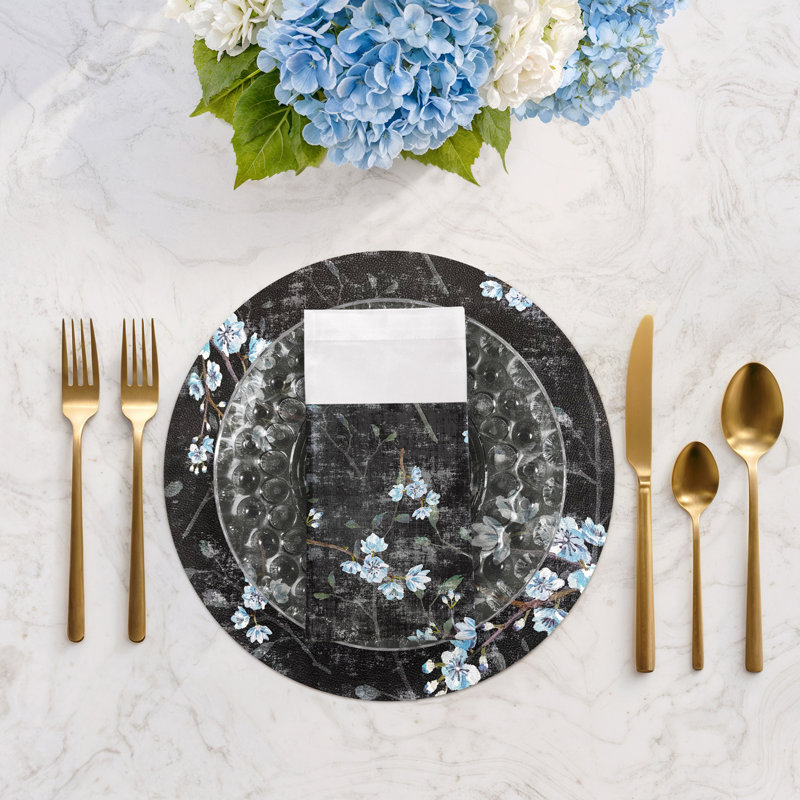 Blossom Fantasia Cotton Sateen Dinner Napkins, Black Blue