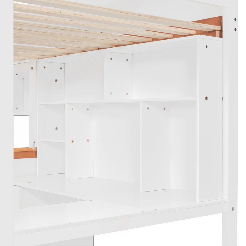 Lit superposé en bois avec bureau, tiroirs, tablettes et armoire, lumière DEL