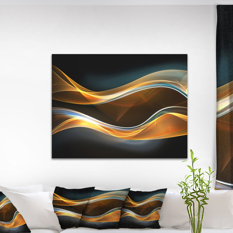 Corwin 3D Gold Waves en noir - impression abstraite, H 30 po x l 40 po x P 1,5 po, Toile tendue