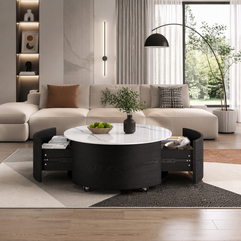 Table basse ronde mobile 29,5 "avec roulettes, plateau en pierre frittée à motif marbré, 2 tiroirs de rangement, table de salon moderne
