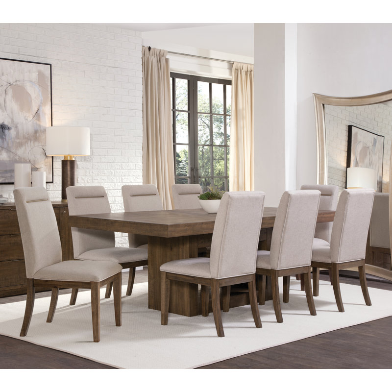 Kameah Extendable Trestle Dining Set, 9 Pieces: Table, 8 Chairs, Toffee/Beige