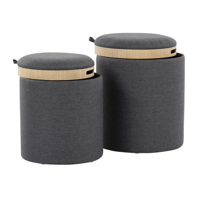 Contemporary Nesting Ottoman Set in Charcoal Fabric with Natural Wood Legs