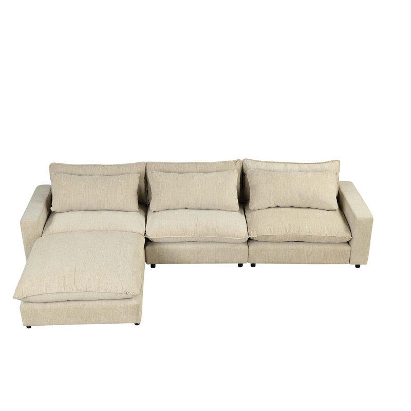 Canapé modulaire avec repose-pieds mobile, ports de charge et 3 coussins de dossier, Chenille beige