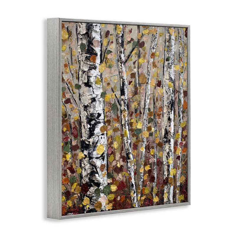 «Autumn Birch Trees», feuilles abstraites encadrées sur bois par Jen Seeley, peinture, H 30 po x l 24 po x P 1,5 po