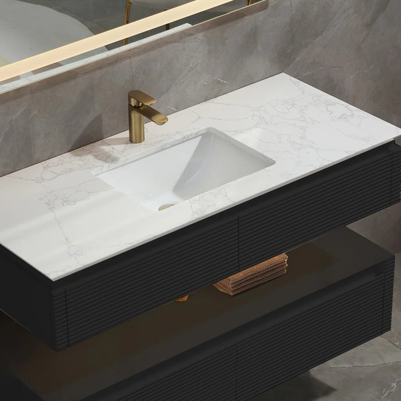 Meuble-lavabo flottant 48 po, plateau en pierre reconstituée, 2 tiroirs à fermeture en douceur, veilleuse, finition noir mat