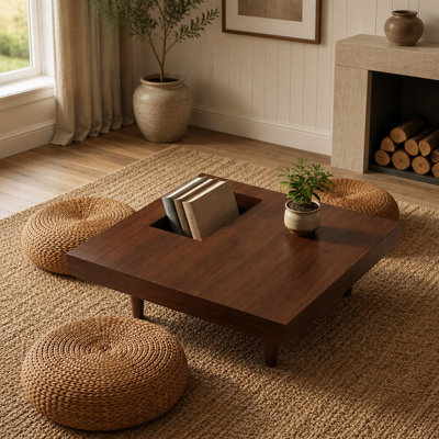 Square wooden coffee table, 34.5 inches, with storage; walnut coffee table suitable for the living room, bedroom or office