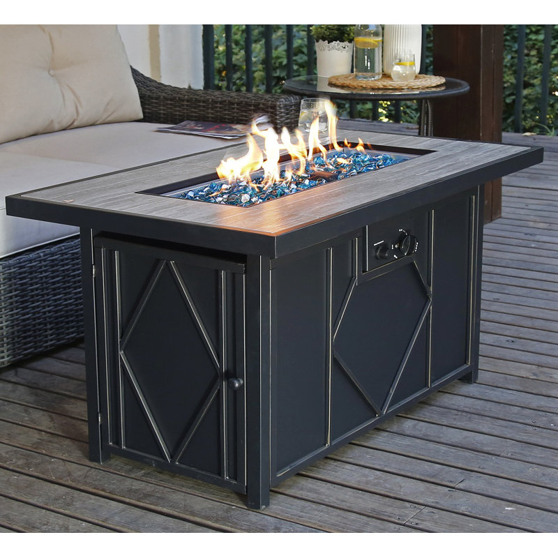 Rectangular Black Steel and Tile Propane Fire Pit Table