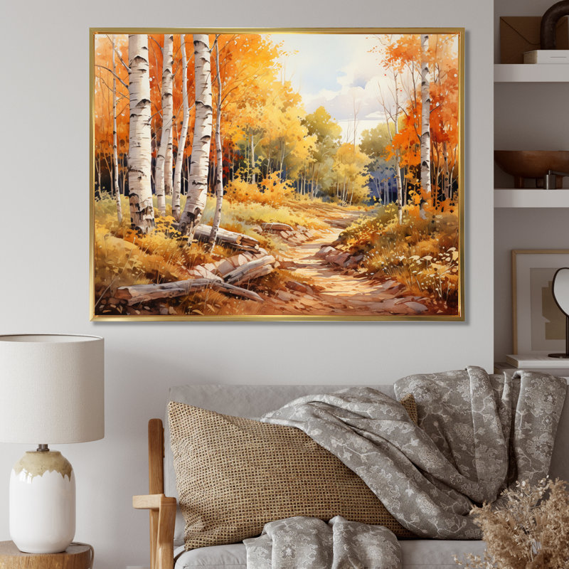 Birch Woods Gilded Pathway II - Imprimé, H 34 po x l 44 po x P 1,5 po, Cadre flottant doré
