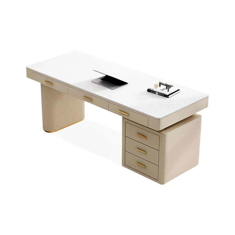 Bureau de direction blanc rectangulaire en pierre frittée avec tiroirs, Retour à droite, H 29,53 po x l 62,99 po x P 27,56 po