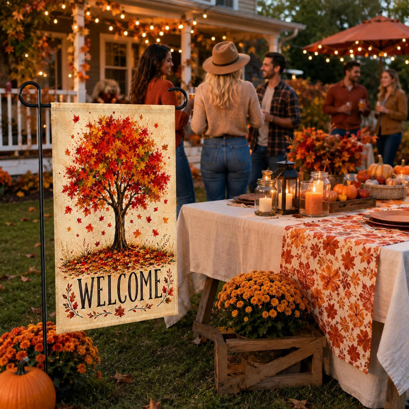 Décorations d'automne - Drapeau de jardin « Bienvenue » avec un érable d'automne | Décorations de l'Action de grâce