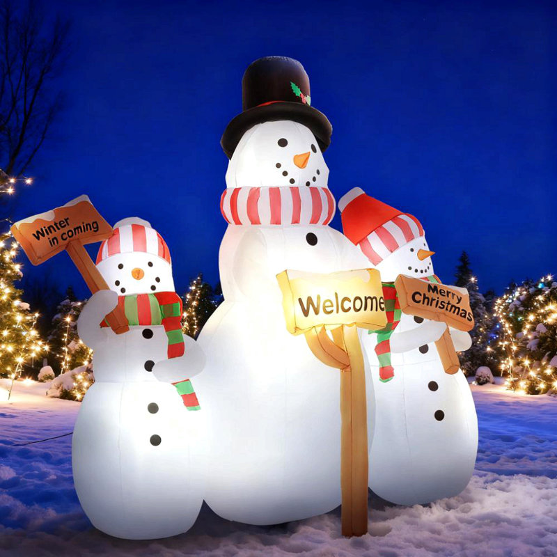 Présentoir de Noël gonflable d'extérieur de 6,1 pi avec trois bonhommes de neige avec enseigne chacun