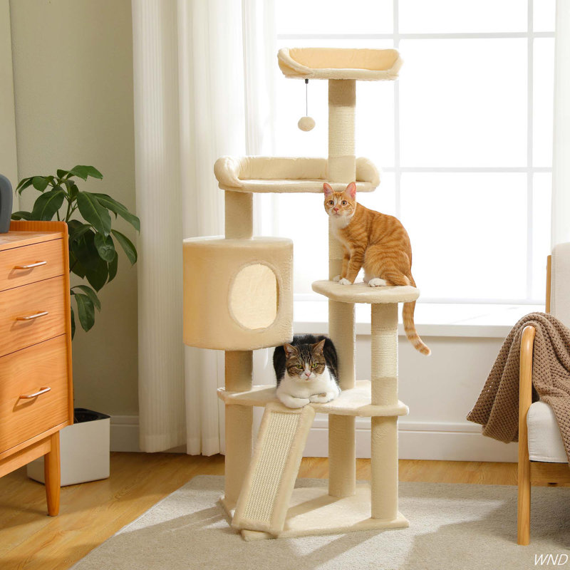 Beige Multi-Level Cat Tree Tower with Condo and Scratching Board