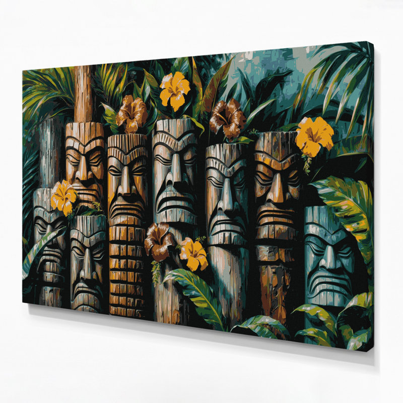 Art mural sur toile vert, statues hawaïennes, H 12 po x l 18 po