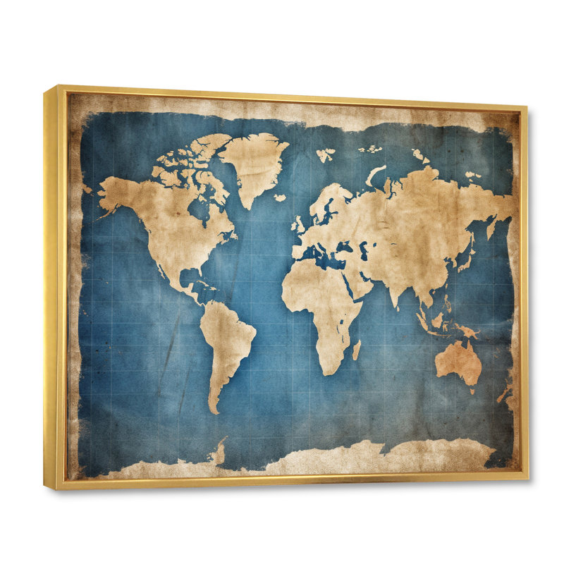 Ancienne carte du monde III, reproduction d'art sur toile, H 34 po x l 44 po x P 1,5 po, Cadre flottant doré