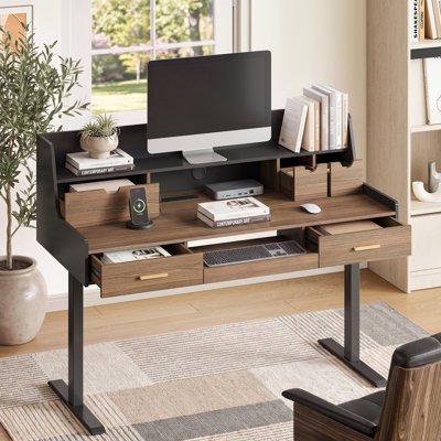 Bureau debout électrique moderne de 55 po de largeur avec 5 tiroirs, tablette pour moniteur et concentrateur électrique pour bureau personnel