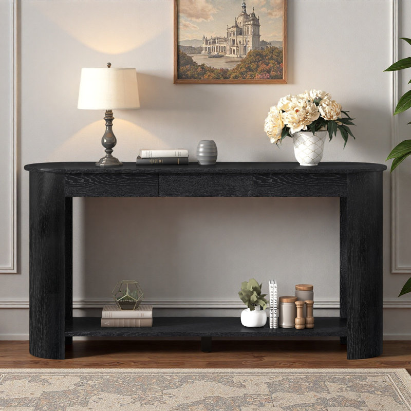 Console moderne avec 3 tiroirs, tablette inférieure ouverte et pieds semi-circulaires, Noir