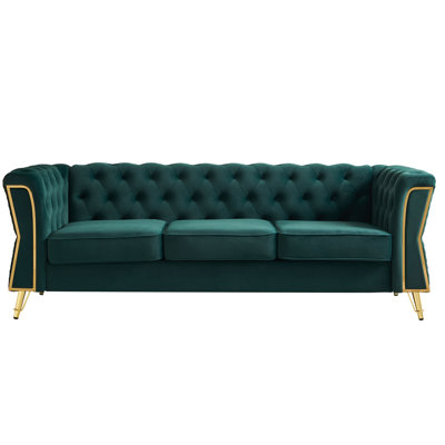 Modern Tufted Velvet Sofa 87.4 inch for Living Room Green Color