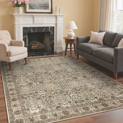 Oriental Neutral Vintage Machine Washable Non-Slip Beige Indoor Area Rug