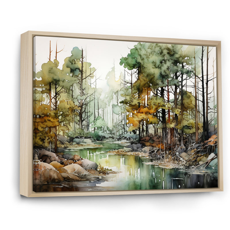 Paysage de forêt à l'encre alcoolisée sur toile, Cadre naturel flottant, H 24 po x l 32 po x P 1 po
