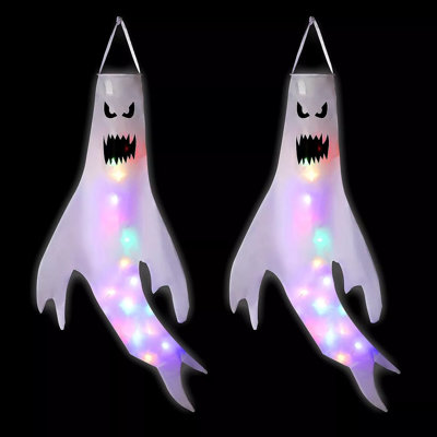 2pcs Halloween Hanging Ghost Windsocks Outdoor Lighted Glowing Ghost Witch Home Decor