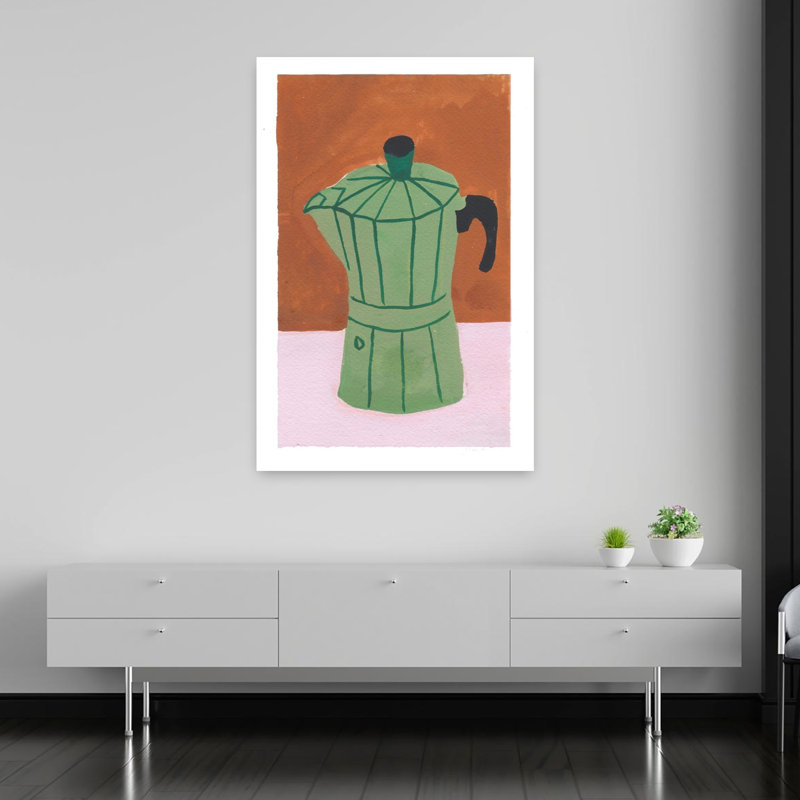 «Green Moka Pot Still Life Modern Sunrise», art mural, H 60 po x l 40 po