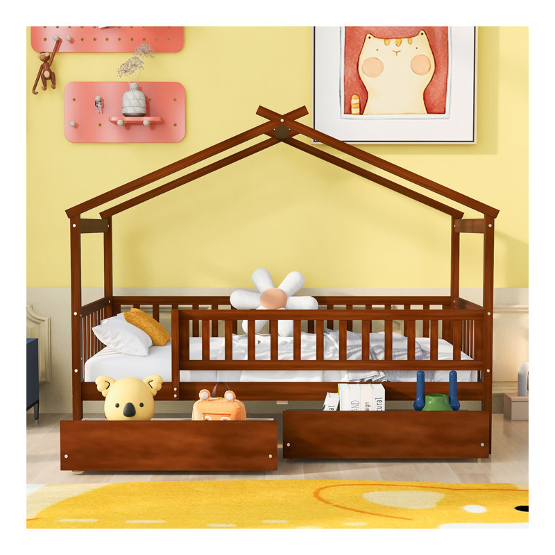 Lit simple en bois avec deux tiroirs, noyer, Noyer, Lit simple