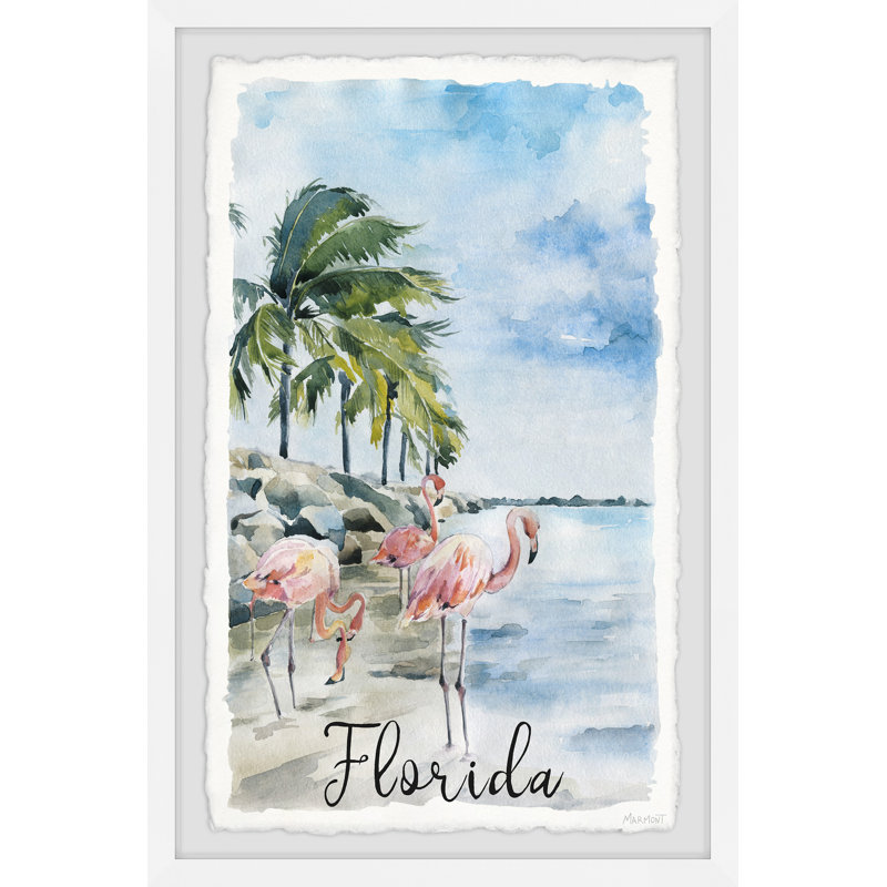Marche avec les flamants roses - Reproduction d'art sur papier encadrée, H 36 po x l 24 po x P 1,5 po