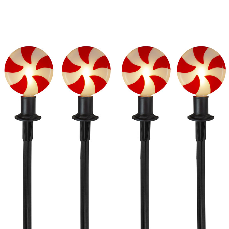Set of 4 Peppermint Candy LED Pathway Markers with Green Wire