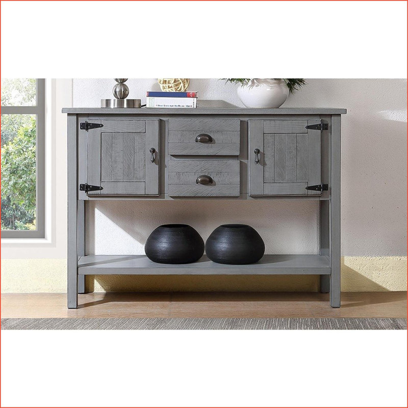 Console, buffet, bois de pin massif rétro 48 po avec 2 tiroirs, armoires et tablette inférieure, gris antique | Structure robuste | Assemblage facile