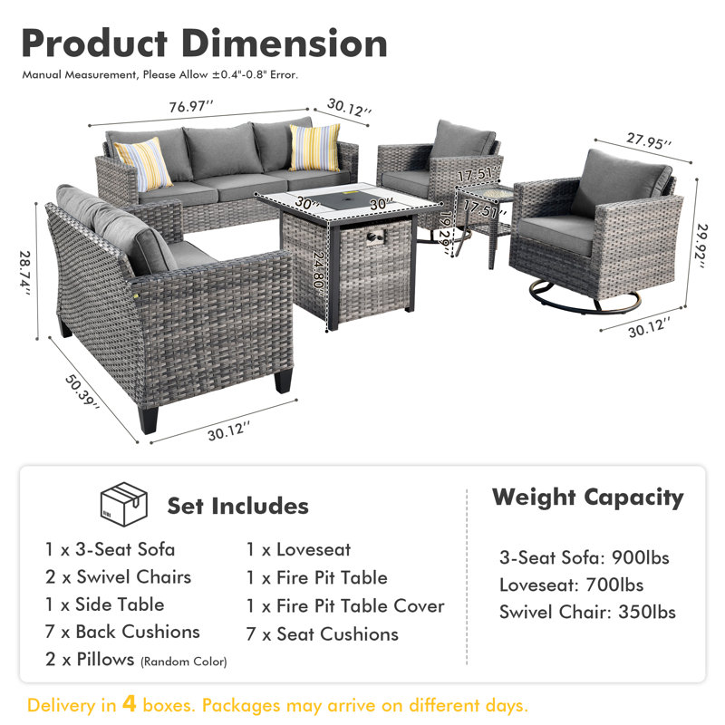 Harbin 7-Person Wicker/Rattan Patio Conversation Set With Cushions, Dark Gray