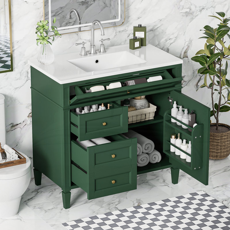 Meuble-lavabo 36 po avec lavabo supérieur, Vert, Doré