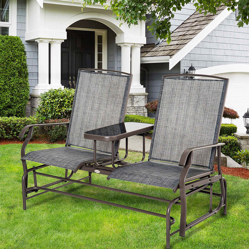 Metal Frame Glider Bench With Table Integration Feature. Gray Patio For Outdoor Spaces. Double Gliding Enjoyment. Breathable Mesh. 726 Lbs. Capacity. Backyard, Garden, Porch Selectable. 32"D X