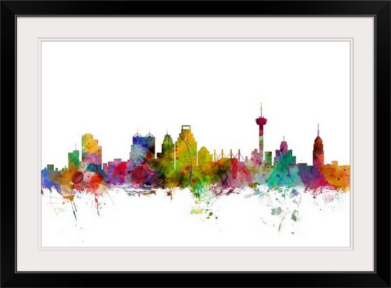 «San Antonio Texas Skyline» par Francy, impression, Cadre noir, H 28 po x l 38 po x P 1 po
